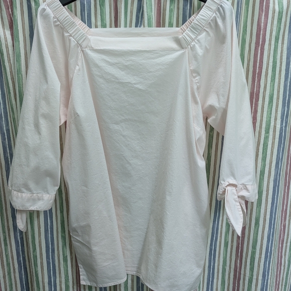 INAE pale pink cotton tunic top with pockets on off shoulder bow tie cuffs - Picture 2 of 6